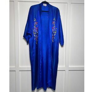 Golden Dragon Vintage Royal Blue Embroidered Floral Kimono Robe Large China